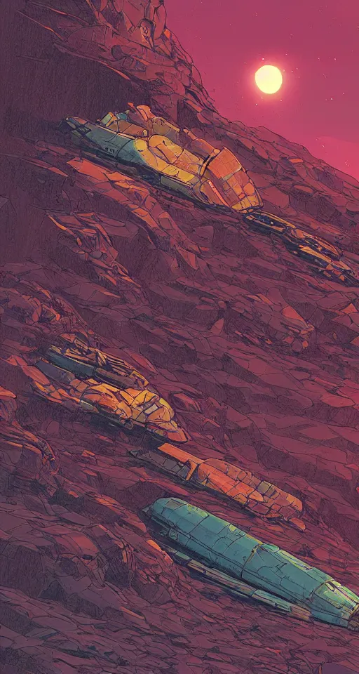 Prompt: a woman climbing a mountain made of wrecked spaceships. art in the style of ignacio bazan lazcano & moebius. science fiction illustration. stars in the background. digital painting