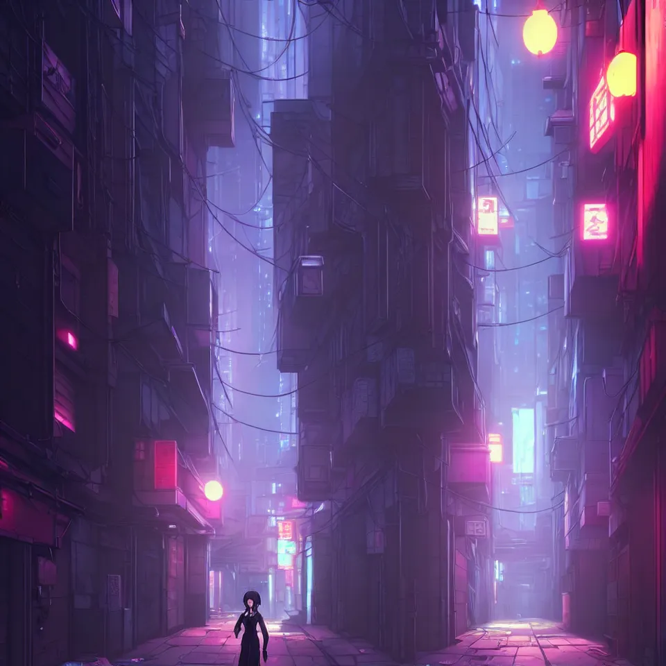 Image similar to city alleyway in the atmospheric cyberpunk anime film, gouache matte background painting, neon noir, at night with lights, by makoto shinkai, in the anime series ergo proxy, beautiful specular edge highlights and rim lighting