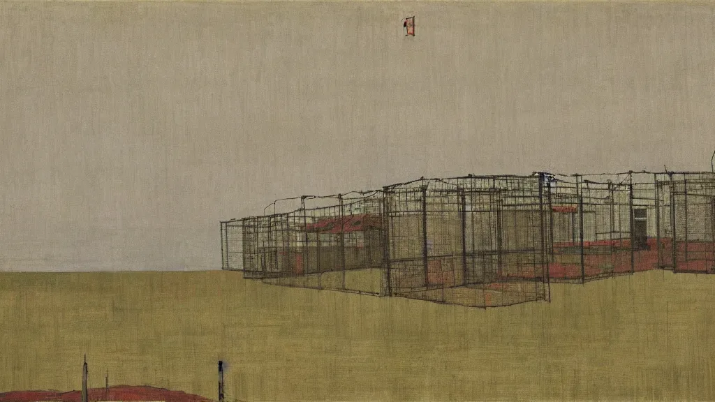 Image similar to a chinese prison near a river by peter doig, muted colors