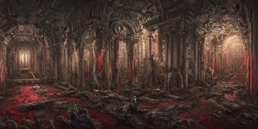 Image similar to a disturbing temple of the dead, grimdark feeling of horror, blood and flesh, in psychodelic style of Midjourney, stylized, 8k high details, detailed and intricate, elegant, ornate, horror, elite, ominous, haunting, beautiful digital painting, cinematic, cgsociety, artstation, octane render, 8k, unreal engine