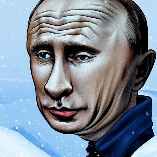 Prompt: caricature of Vladimir Putin alone and depressed in the snow, detailed,