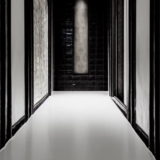 Image similar to a flooded room that leads into a curved hallway, all white ceramic tiles, dark lighting, surreal, liminal space