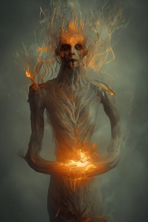 Image similar to portrait of a ghost in flames floating in the air, ancient wood environment, Cinematic lighting with glare, insanely detailed, trending on artstation, golden ratio, concept art by Agesandro de Rodas & Emil Melmoth