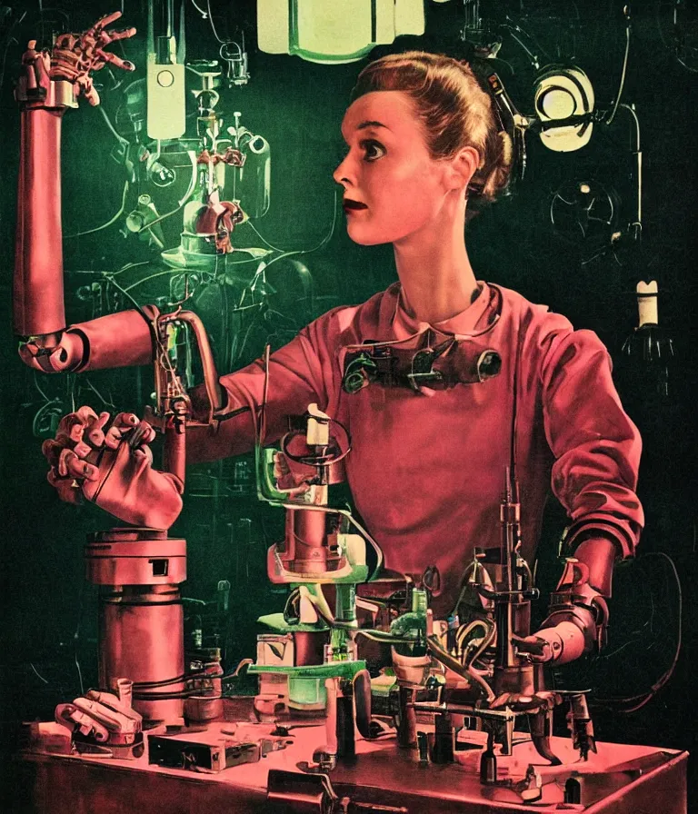 Image similar to a female mad scientist building a humanoid robot, in a darkly lit laboratory room, 1 9 5 0 s horror movie poster style, norman rockwell oil painting, close - up shot, retro science fiction, vintage, saturated pink and green lighting, shadowy lighting, cohesive