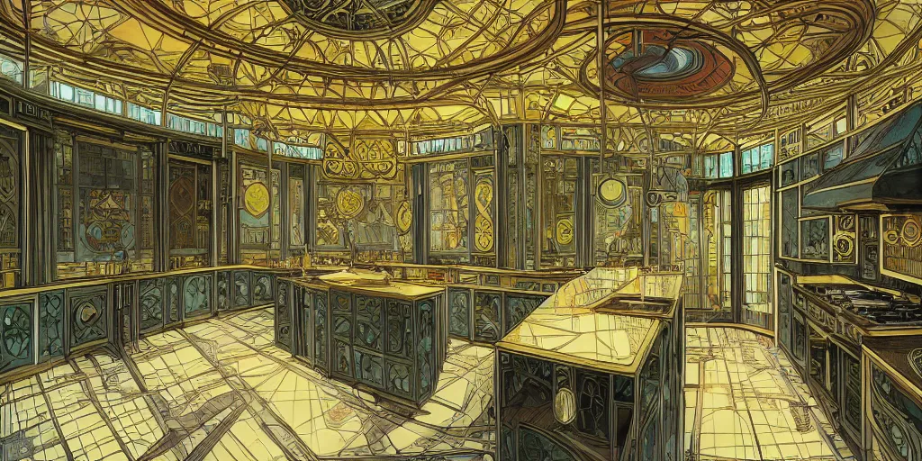 Prompt: a photo of a concept architecture art house solarpunk kitchen, style brutalism, gold and black turquoise ratio, extremely detailed, sharp focus, wide view, smooth, digital illustration, colorfull, by william turner, by alphonse mucha