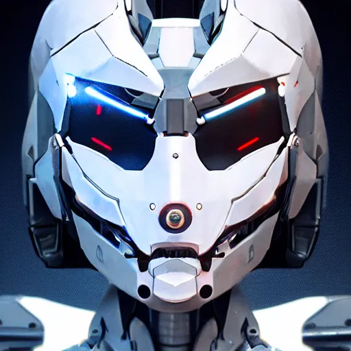 Image similar to a female transformer with glowin white eyes, very symmetrical face, highly detailed, nanogirl, nanogirlv 2, by vitaly bulgarov, by yoji shinkawa, by joss nizzi, by ben procter, metal gear solid, transformers cinematic universe, deviantart, artstation, unreal engine