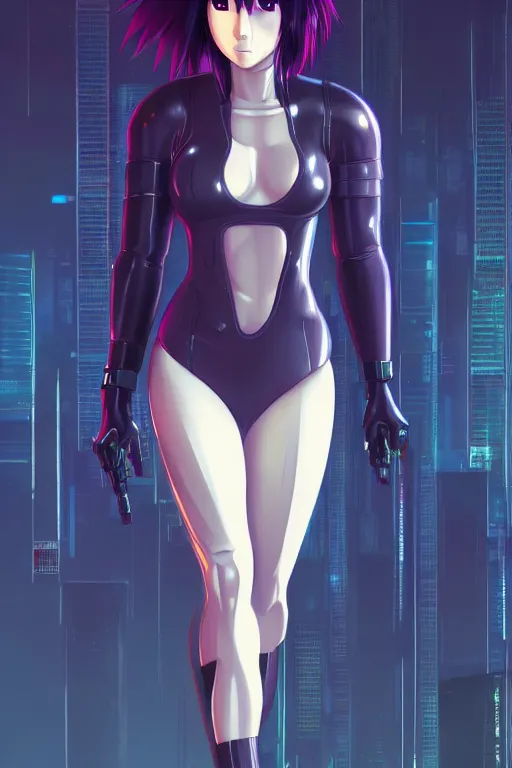 Image similar to a still fullbody portrait of motoko kusanagi ghost in the shell, finely detailed features, closeup at the faces, perfect art, at a cyberpunk city, gapmoe yandere grimdark, trending on pixiv fanbox, by ilya kuvshinov, rossdraws, artgerm