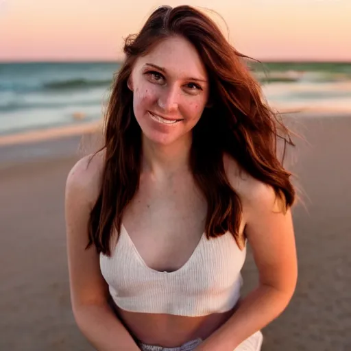 Prompt: Cute young woman, long shiny bronze brown hair, green eyes, cute freckles, soft smile, golden hour, beach setting medium shot, mid-shot