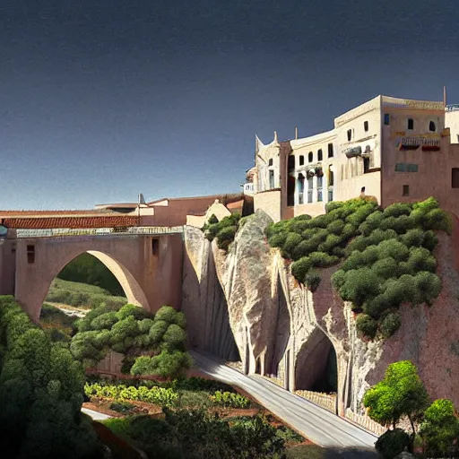 Prompt: Ronda, Spain in the style of Brutalism architecture, concept art, fantasy art