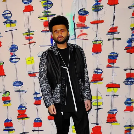 Image similar to the weeknd wearing piet mondrian style clothing