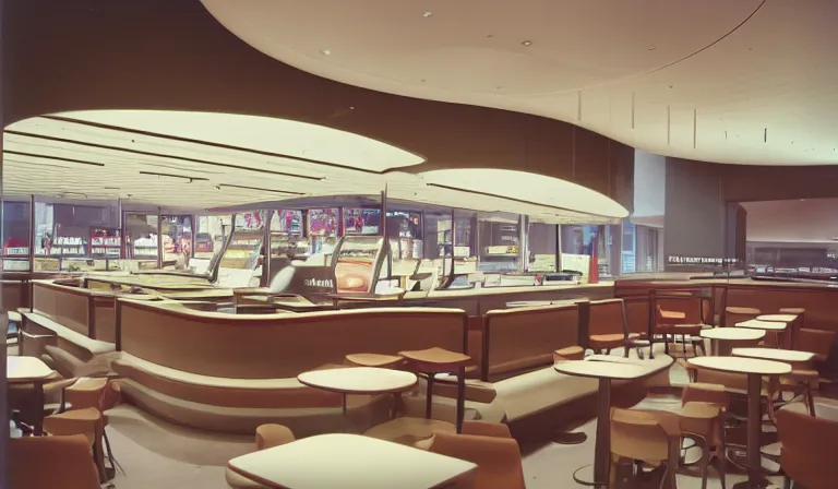 Image similar to The interior of a McDonalds designed by Zaha Hadid, 35mm film, long shot