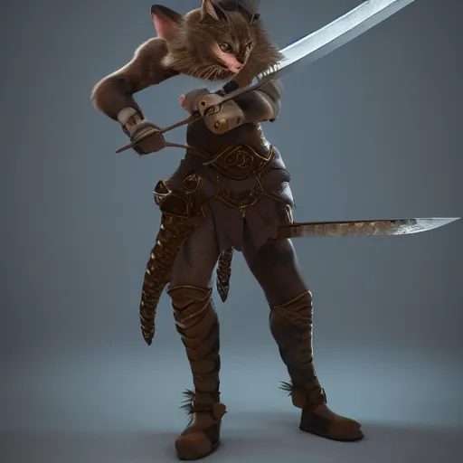 Prompt: a warrior cat holding a long sword in a combat stance, 3 d rendered, 3 d rendering, dramatic lighting, unreal engine, digital painting, concept art, smooth, sharp focus, illustration, 8 k resolution, trending on art station, cinema 4 d, behance hd