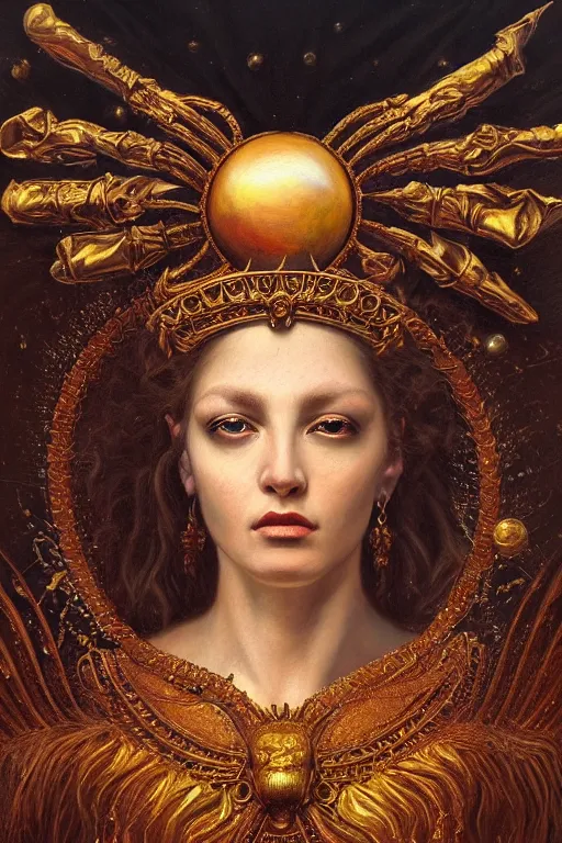 Prompt: hyper realistic painting portrait of the sun queen, occult diagram, elaborate details, detailed face, intrincate ornaments, gold decoration, occult art, oil painting, art noveau, in the style of roberto ferri, gustav moreau, david kassan, bussiere, saturno butto, boris vallejo