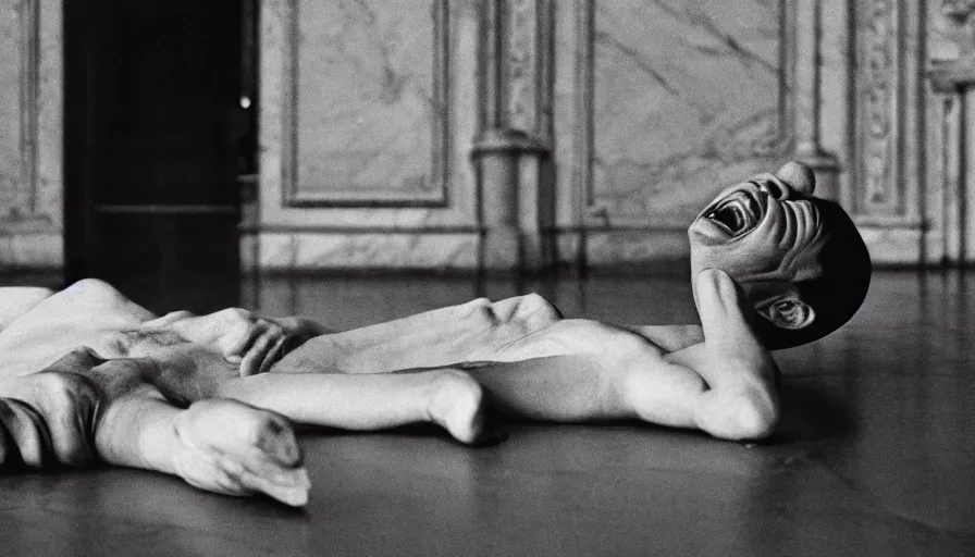 Prompt: 1 9 6 0 s movie still close - up of chrysippus laughing hysterically on the floor in a neoclassical room with marble tiles, cinestill 8 0 0 t 3 5 mm b & w, high quality, heavy grain, high detail, texture, dramatic light, anamorphic, hyperrealistic, hysteria