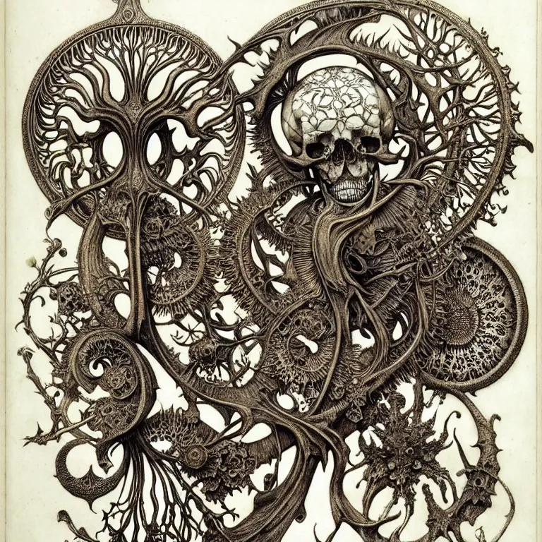 Image similar to memento mori by arthur rackham, art forms of nature by ernst haeckel, exquisitely detailed, art nouveau, gothic, ornately carved beautiful skull dominant, intricately carved antique bone, art nouveau botanicals, ornamental bone carvings, art forms of nature by ernst haeckel, horizontal symmetry, arthur rackham, ernst haeckel