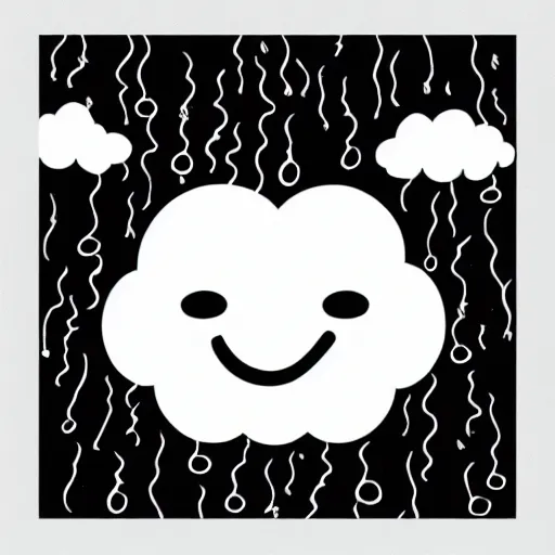 Image similar to a sticker of a crying rain cloud, black background.