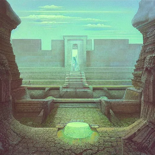 Prompt: “looking out at the Temple of Time from LOZ: OOT hyperrealism in the style of Zdzisław Beksiński. Trending on artstation”