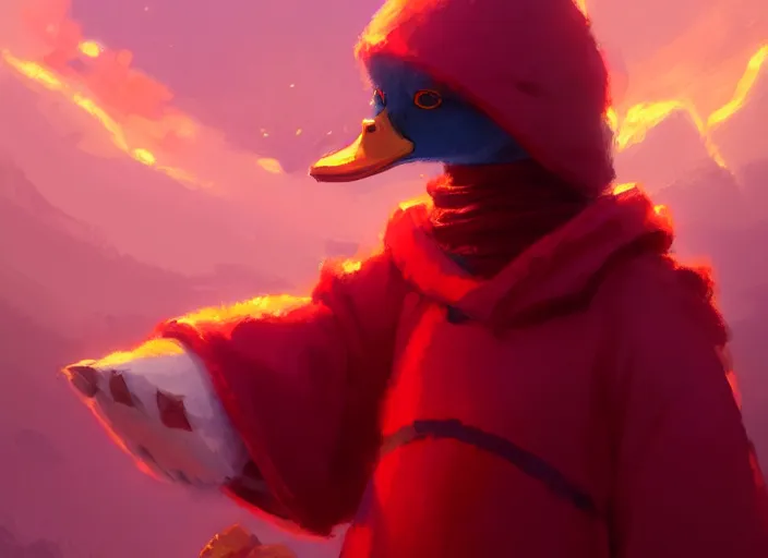 Image similar to cute fluffy mallard duck wearing red cultist robe, details, fantasy, epic, sacrificial altar, landscape illustration concept art anime key visual trending pixiv fanbox by wlop and greg rutkowski and makoto shinkai and studio ghibli and kyoto animation symmetrical facial features