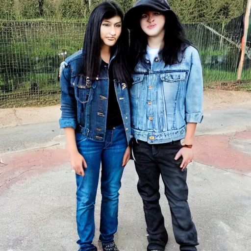 Prompt: 19-year-old girl, long shaggy black hair, wearing denim jacket and jeans, standing next to 18-year-old boy wearing backwards baseball cap and baggy jeans