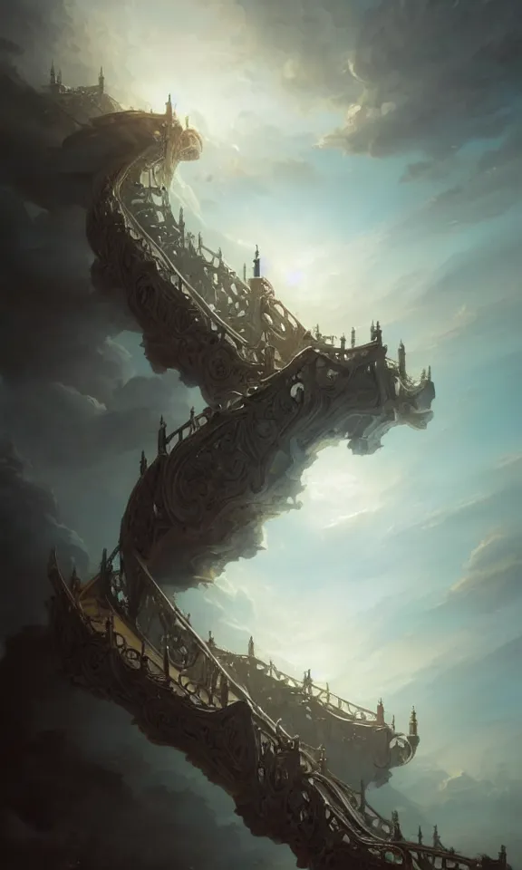 Image similar to straight staircase to heaven, sky full of clouds, art by greg rutkowski and peter mohrbacher, featured in artstation, octane render, cinematic, elegant, intricate, ultra detailed, rule of thirds, professional lighting, unreal engine, fantasy, concept art, sharp focus, illustration, 8 k