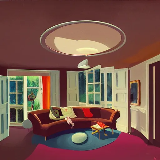 Image similar to spherical people with clouds at red green art deco living room, open ceiling, highly detailed, painted by Francis Bacon and Edward Hopper, painted by James Gilleard, surrealism, airbrush, art by JamesJean