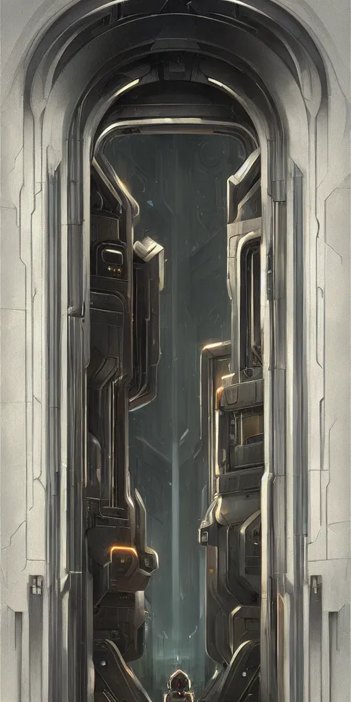 Image similar to hyper realistic art - deco sci - fi double door by jordan grimmer, darek zabrocki