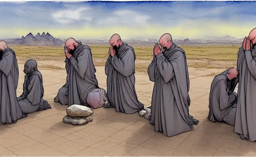 Prompt: a hyperrealist watercolour concept art of a group of medieval monks in grey robes kneeling in prayer. five large stones are floating in the sky. on a desert road. by rebecca guay, michael kaluta, charles vess and jean moebius giraud. high detail, hq, wide shot