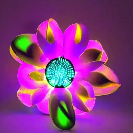 Prompt: a cybernetic, metallic, reflective orchid flower, LED lights, glowing