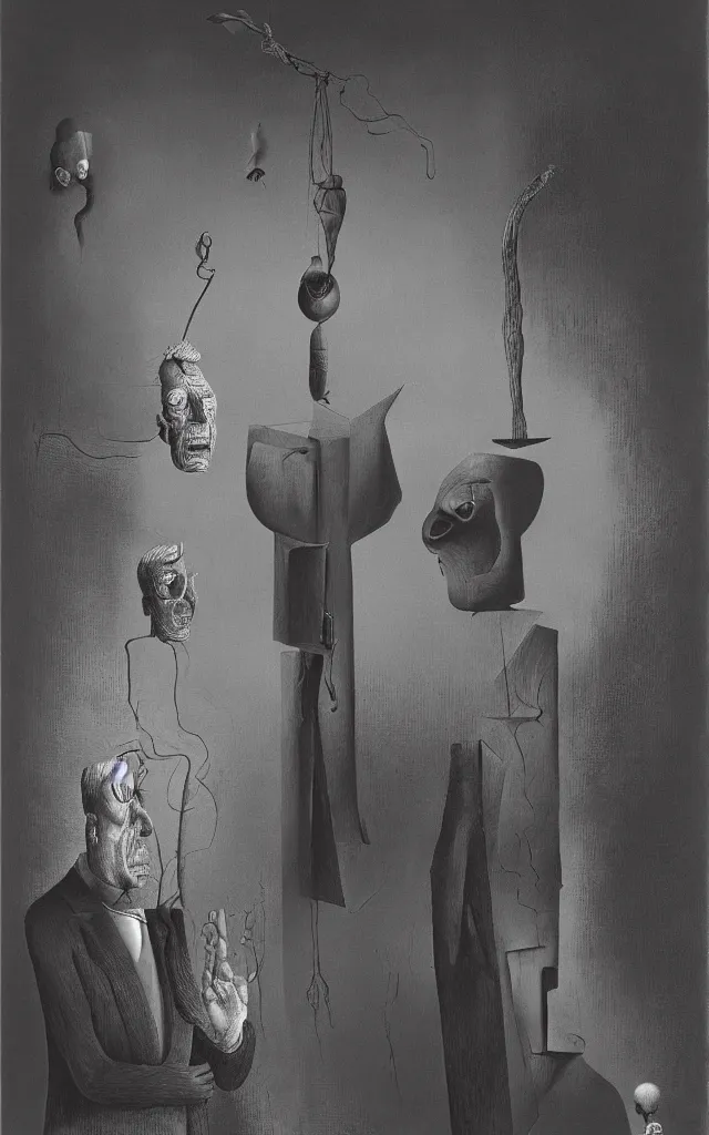 Image similar to kafkaesque bureaucracy, benjamin netanyahu, vanitas, by salvador dali and rene magritte and beksinski