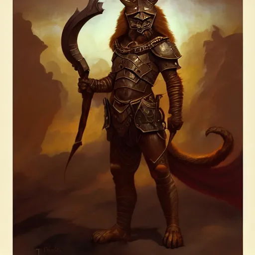 Image similar to ( ( ( full length portrait of a dark tabby tabaxi, halberd, breastplate ) ) ), d & d, tyler jacobson, greg rutkowski, frank frazetta, alexandre chaudret, boris vallejo, michael whelan, miro petrov, magali villeneuve, donato giancola