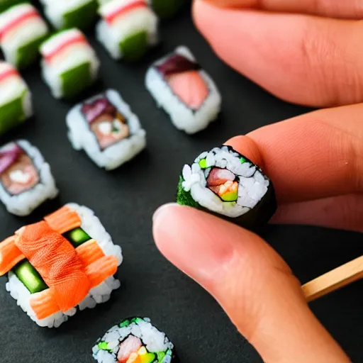 Image similar to detailed miniature people making sushi, tilt shift