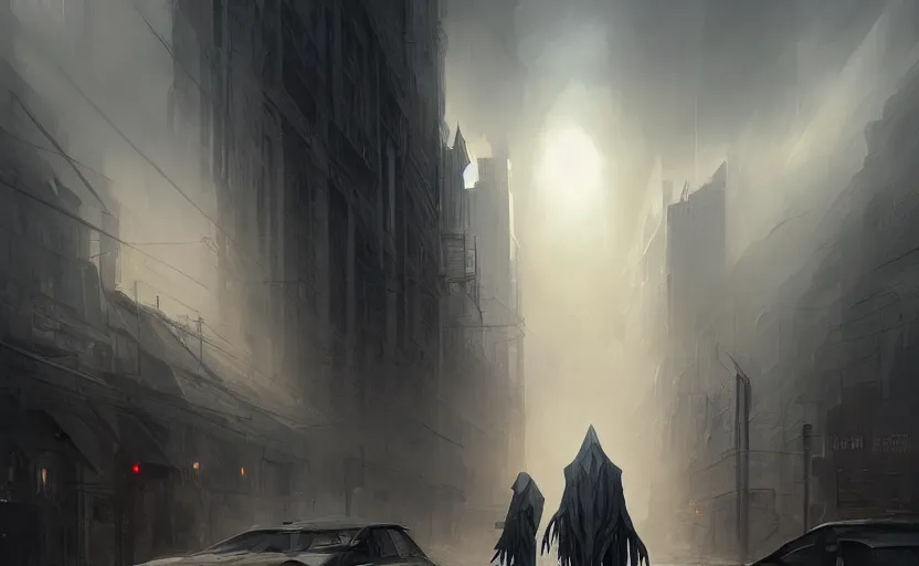 Prompt: reaper, dark city street, soft grey and blue natural light, crepuscular rays, intricate, digital painting, artstation, concept art, smooth, sharp focus, illustration, art by greg rutkowski and luis rollo and uang guangjian and gil elvgren, symmetry!