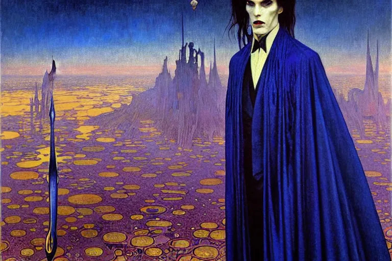 Image similar to realistic extremely detailed portrait painting of an elegantly creepy vampire man in a cape, futuristic sci-fi city on background by Jean Delville, Amano, Yves Tanguy, Alphonse Mucha, Ernst Haeckel, Edward Robert Hughes, Roger Dean, rich moody colours, blue eyes