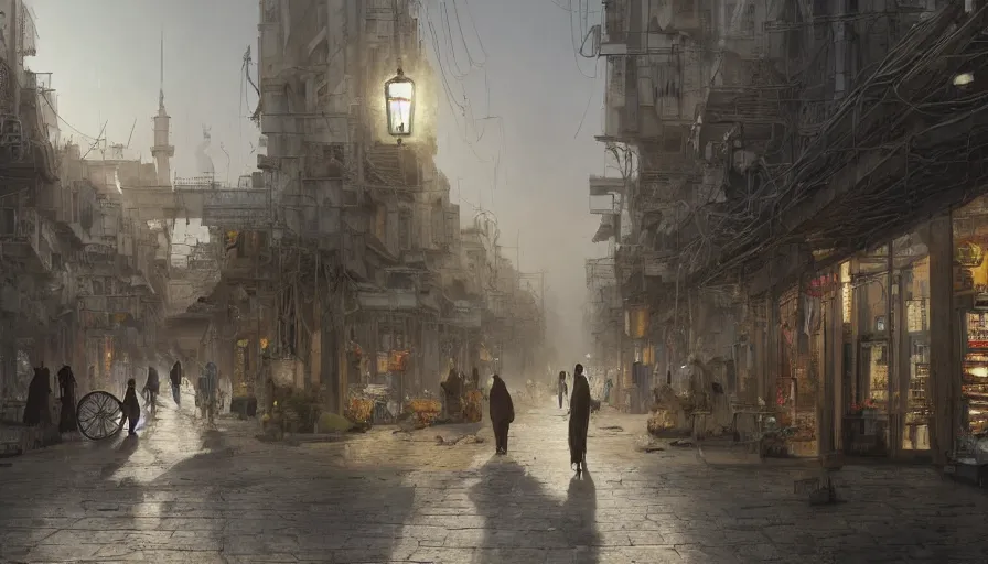 Image similar to jeddah city street, roshan, shops, a bright pharmacy, a nomad wearing a worn out coat, plants, old tree, dramatic lighting fantasy, sci fi, by caspar david friedrich by james gilleard and justin gerard, centered, artstation, smooth, sharp focus, photoreal octane render, by jean baptiste monge, gustave dore, deviantart