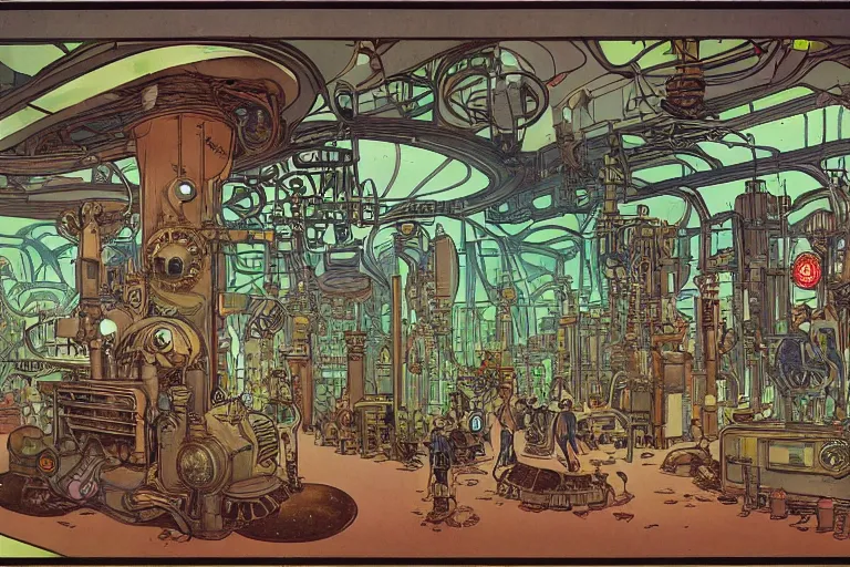 Image similar to front view on steampunk communication room with big vapor tubes and computers, mad scientist working, giant video screens, sci - fi vending machine, big plants, retrofuturism, concept art by mucha and moebius and victo ngai, clean line, diesel punk