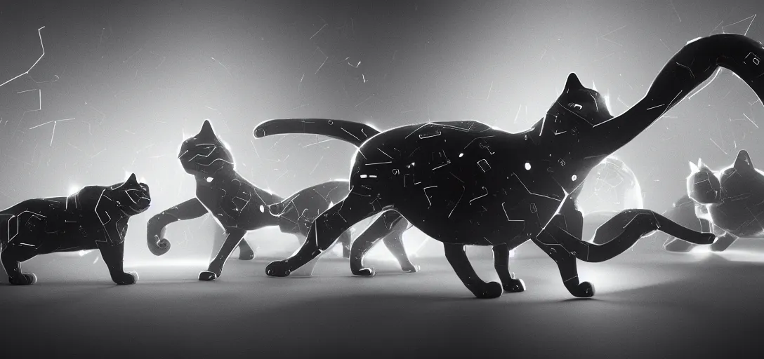 Prompt: nanobots swarm forming shapes of a cyborg cat and a cyborg cat, monochrome, ferroluid, hybrid, black and white artistic photo, artstation, futuristic, scifi style