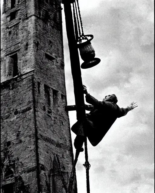 Image similar to color Photograph of Charles Laughton dressed as Quasimodo swinging from a Bell Tower, atmospheric, cinematic