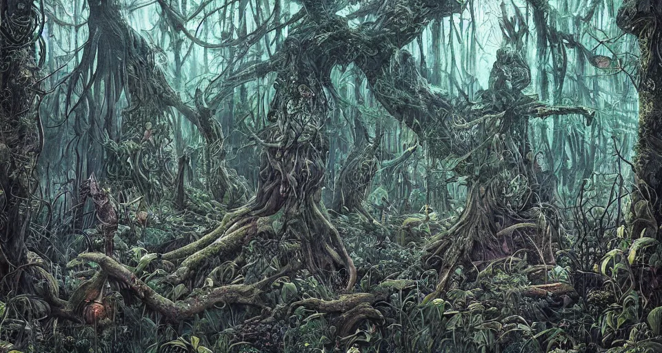 Image similar to A dense and dark enchanted forest with a swamp, by Android jones,