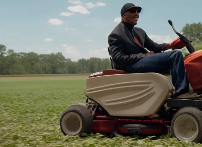 Image similar to film still of Stevie Wonder riding a lawn mower in the new Field of Dreams movie, 4k