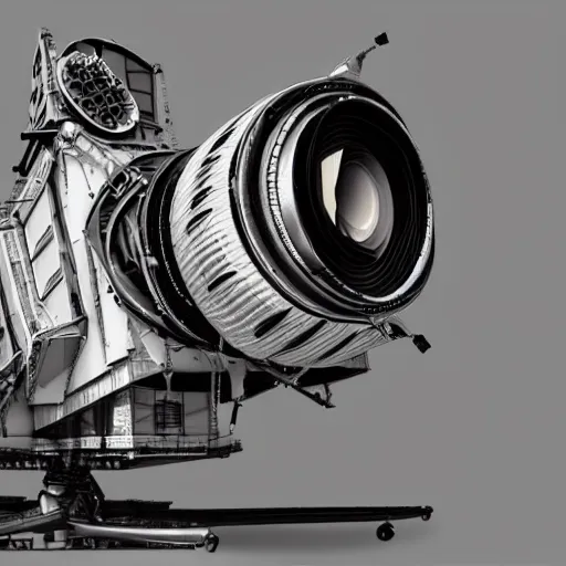 Prompt: A spacecraft that looks like a photographic camera vintage reflex, by Tomek Setowski style
