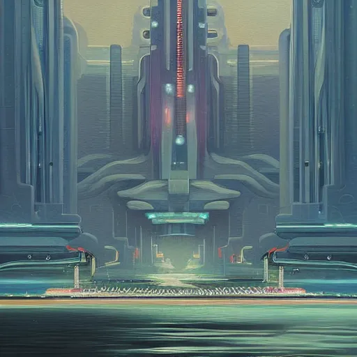 Prompt: beautiful painting of a white art-deco city under the ocean in the style of Simon Stålenhag and H. R. Giger, detailed, trending on Artstation