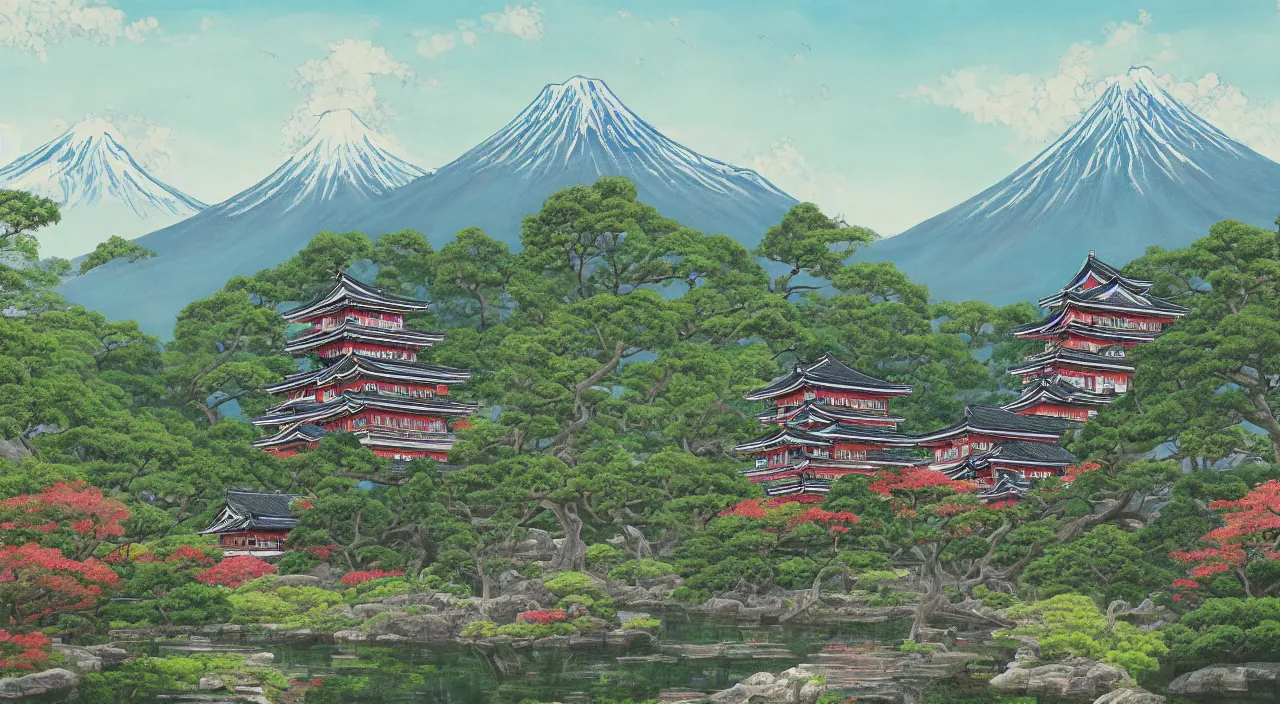 Image similar to a painting of a Japanese castle, with a garden as foreground, with mountains as background, trending on artstation