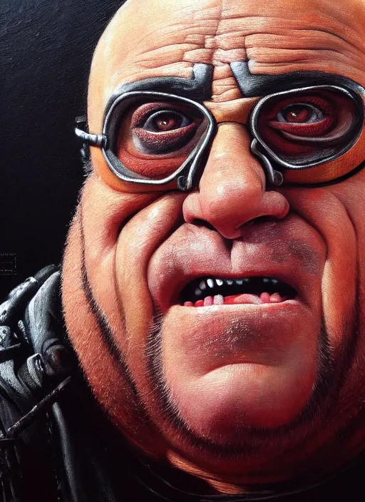 Prompt: portrait of danny devito as a character in mad max 2 : the road warrior, film still, detailed realism face in painting, detailed beautiful portrait, oil painting masterpiece, 8 k resolution, smooth, sharp focus, trending on artstation, by rembrandt