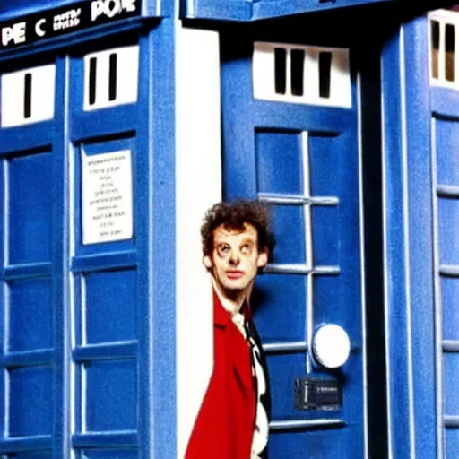 Image similar to christopher lloyd as doctor who in front of tardis, directed by steven spielberg, 1 9 9 4