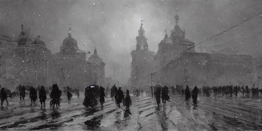 Image similar to Saint Petersburg in 1914 in winter, evening, guarded by a giant steam robot, Rozalski