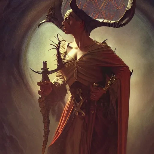 Image similar to dark male oracle with ram horns, medieval style, NGE dark fantasy, medium shot, intricate, highly detailed, digital painting, volumetric light, artstation, concept art, smooth, sharp focus, illustration, art by Gil Elvgren and Greg Rutkowski and Alphonse Mucha