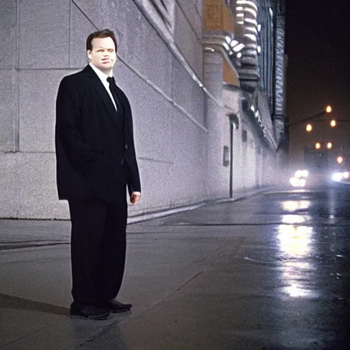 Image similar to 1 9 9 8 andy richter wearing a black wool coat over a black suit and necktie standing on the streets of chicago at night in winter.