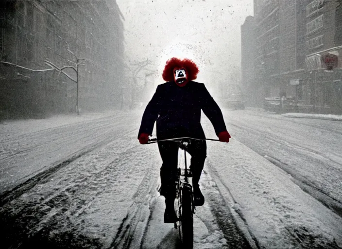 Image similar to A very high resolution image from a new movie, a clown riding a bike in a blizzard in New York City, Polaroid, directed by Steven Spielberg