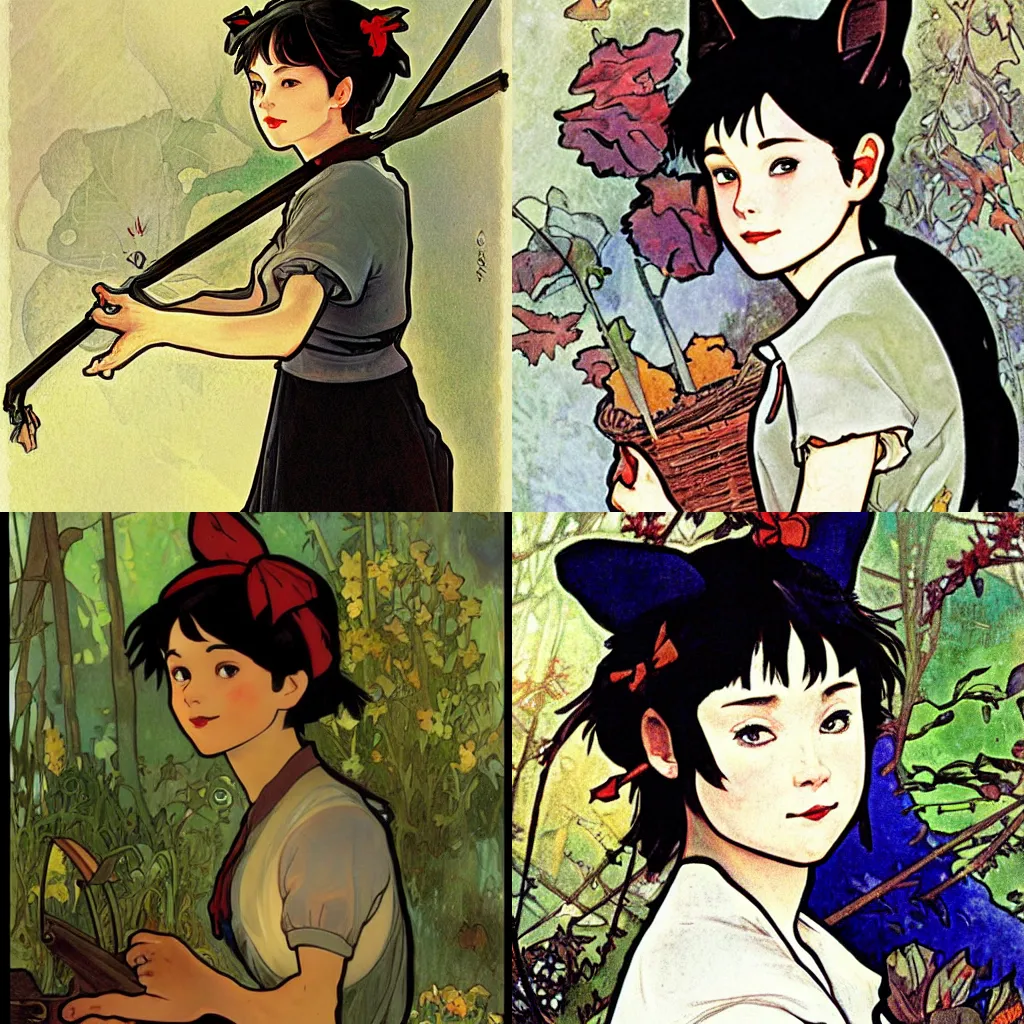 Prompt: realistic detailled Kiki from Kikis\' delivery service, by Alfons Mucha