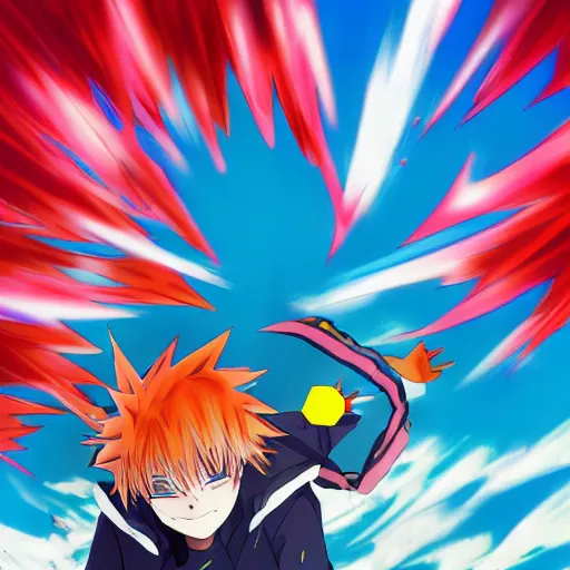 Image similar to orange - haired anime boy, 1 7 - year - old anime boy with wild spiky hair, wearing blue jacket, running past colorful building, red - yellow - blue colored building, turquoise aquamarine windows, strong lighting, strong shadows, vivid hues, ultra - realistic, sharp details, subsurface scattering, intricate details, hd anime, 2 0 1 9 anime